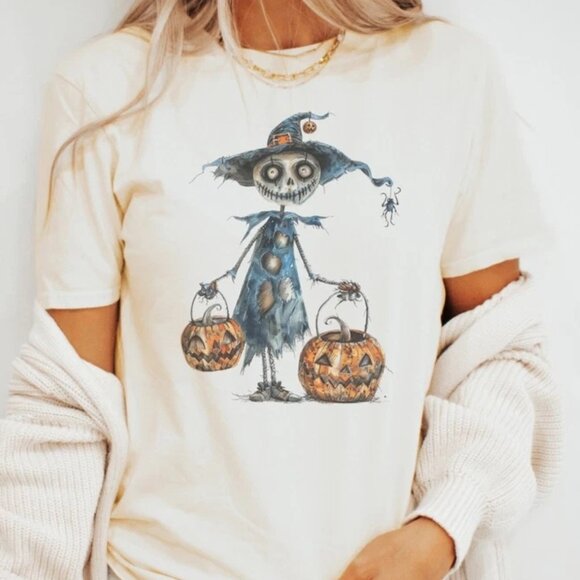 Watercolor Witch Holding Pumpkins Halloween Graphic Shirt - Picture 1 of 4